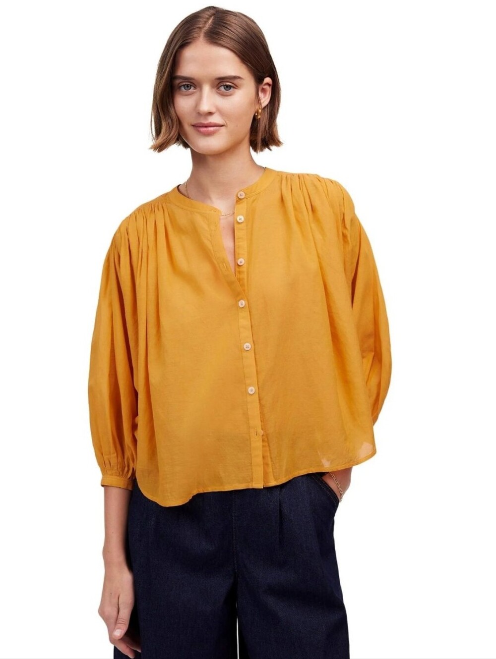 ❤️ MADEWELL SHIRRED CREWNECK BUTTON-UP TOP IN POLLEN, MEDIUM